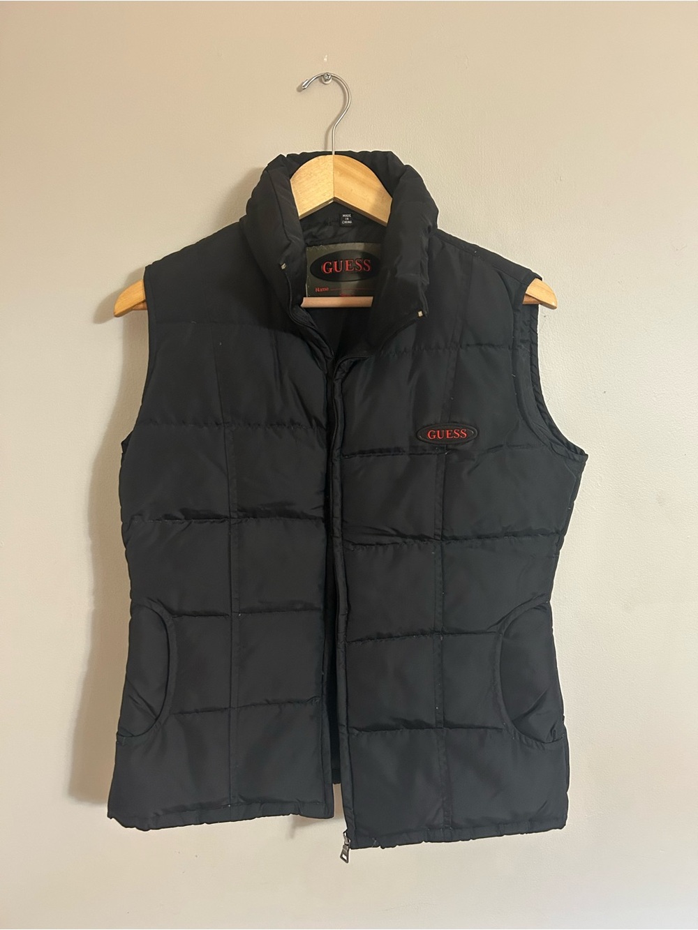 GUESS Woman’s Black Quilted Puffer Vest with Red Logo